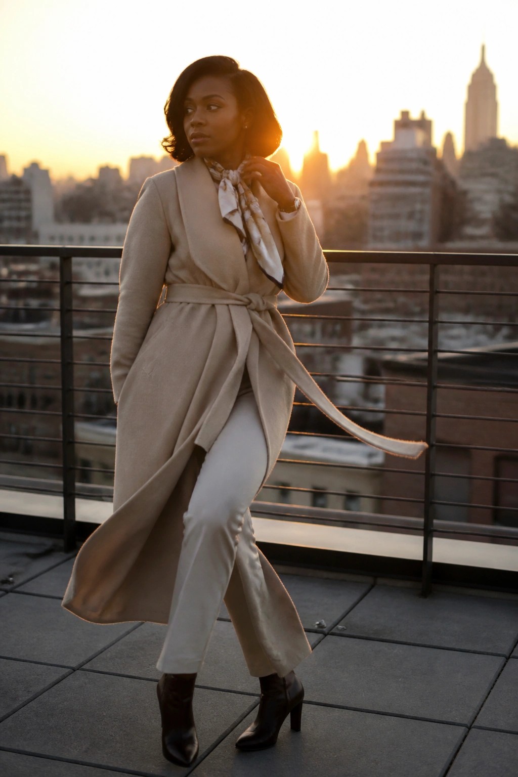 Woman wearing a long belted beige coat over white pants, patterned silk scarf at the neck, and black heeled ankle boots, standing on a rooftop with city skyline behind.
