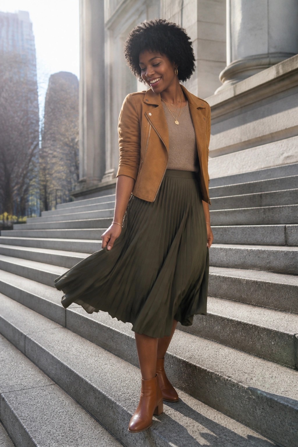 Smiling woman with curly hair in tan jacket and pleated green skirt on steps