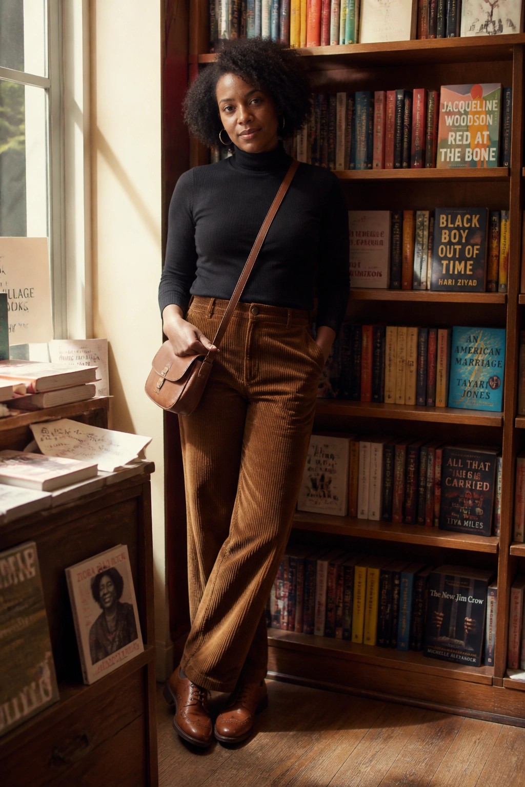 Woman in black turtleneck and brown corduroy pants with bag before bookshelves
