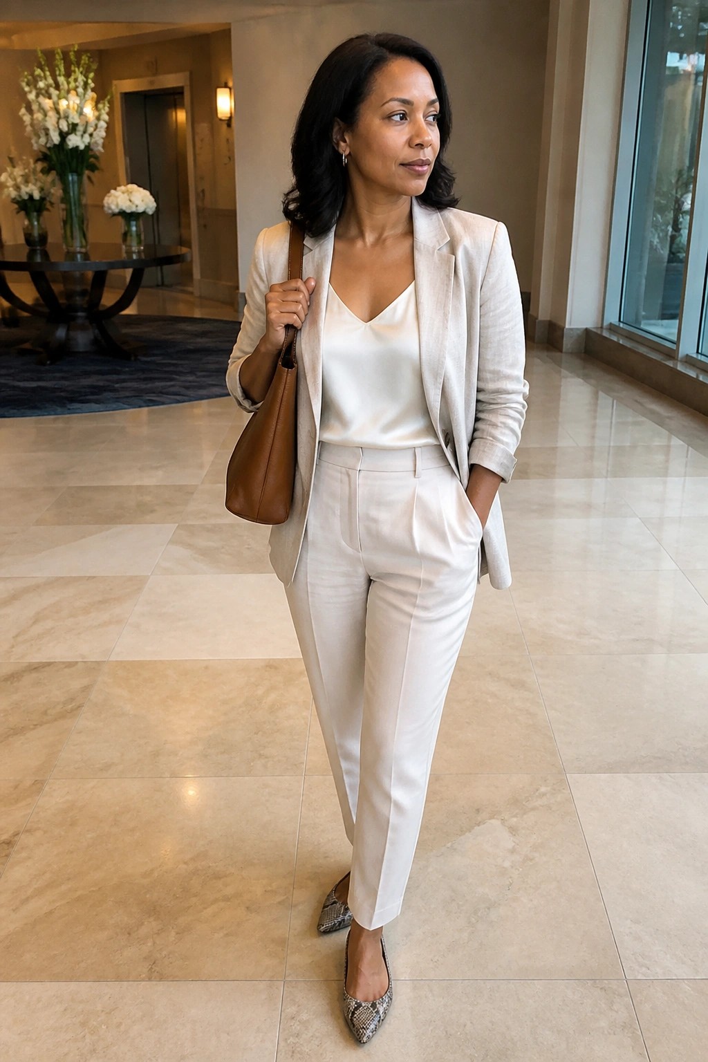 Woman in cream pantsuit with brown handbag in marble lobby