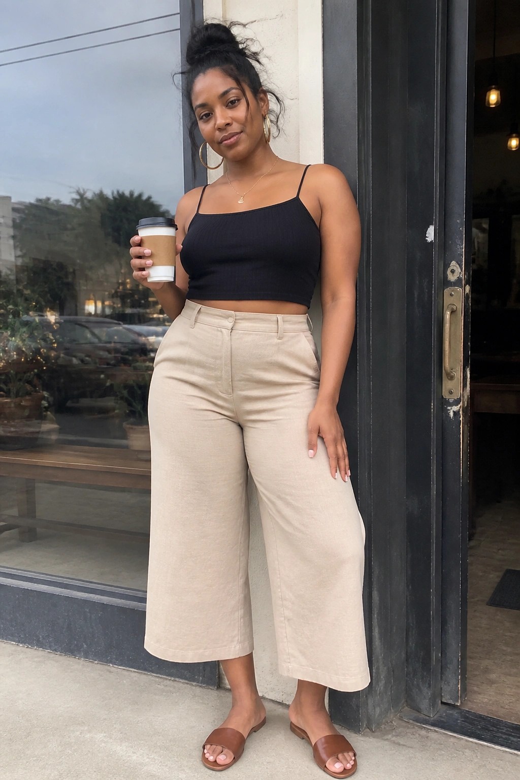 Woman in black crop top and beige wide-leg pants holding coffee by doorway