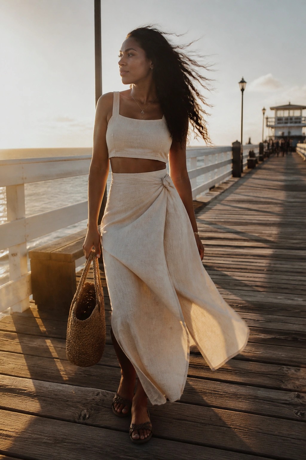 Woman in cream linen crop top and wrap midi skirt holding a straw bag while standing on a wooden boardwalk.