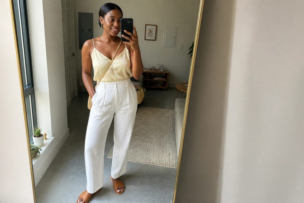 Woman in yellow satin camisole and white wide-leg pants taking mirror selfie indoors