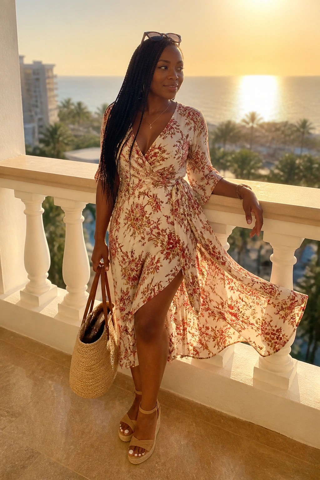 Woman in floral wrap dress with straw bag on sunset ocean balcony
