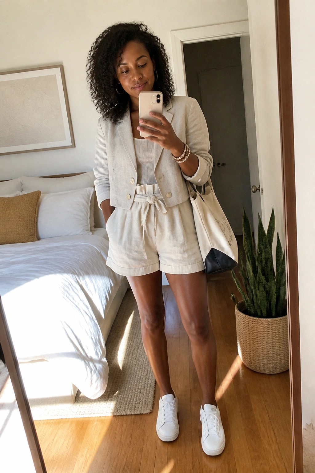 Woman wearing a cropped light beige linen blazer over a white ribbed tank top with matching high-waisted linen shorts that have a tie belt, white sneakers, layered bracelets, and a canvas tote bag.