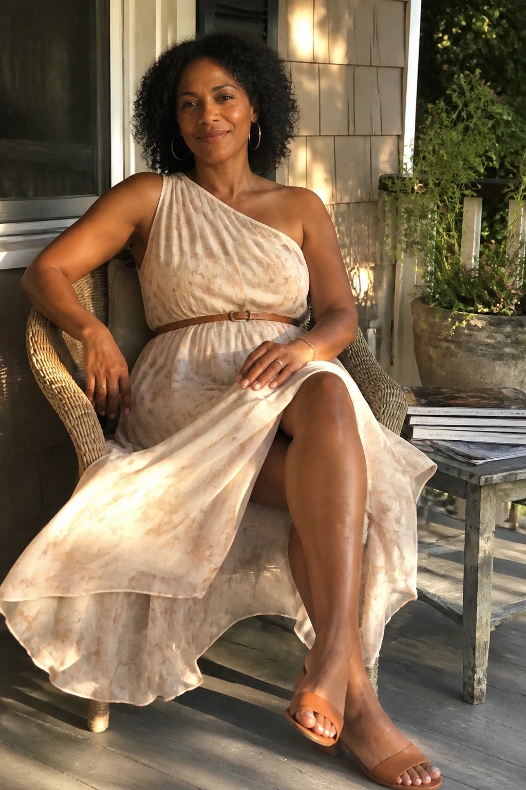 Woman in a beige marble print one shoulder maxi dress with brown leather belt and matching slide sandals seated outdoors.