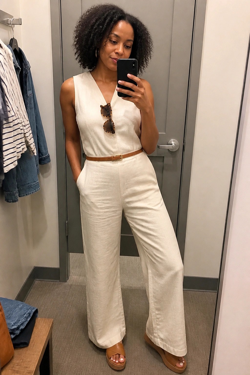 Woman in white jumpsuit taking mirror selfie in fitting room with brown belt and sandals.
