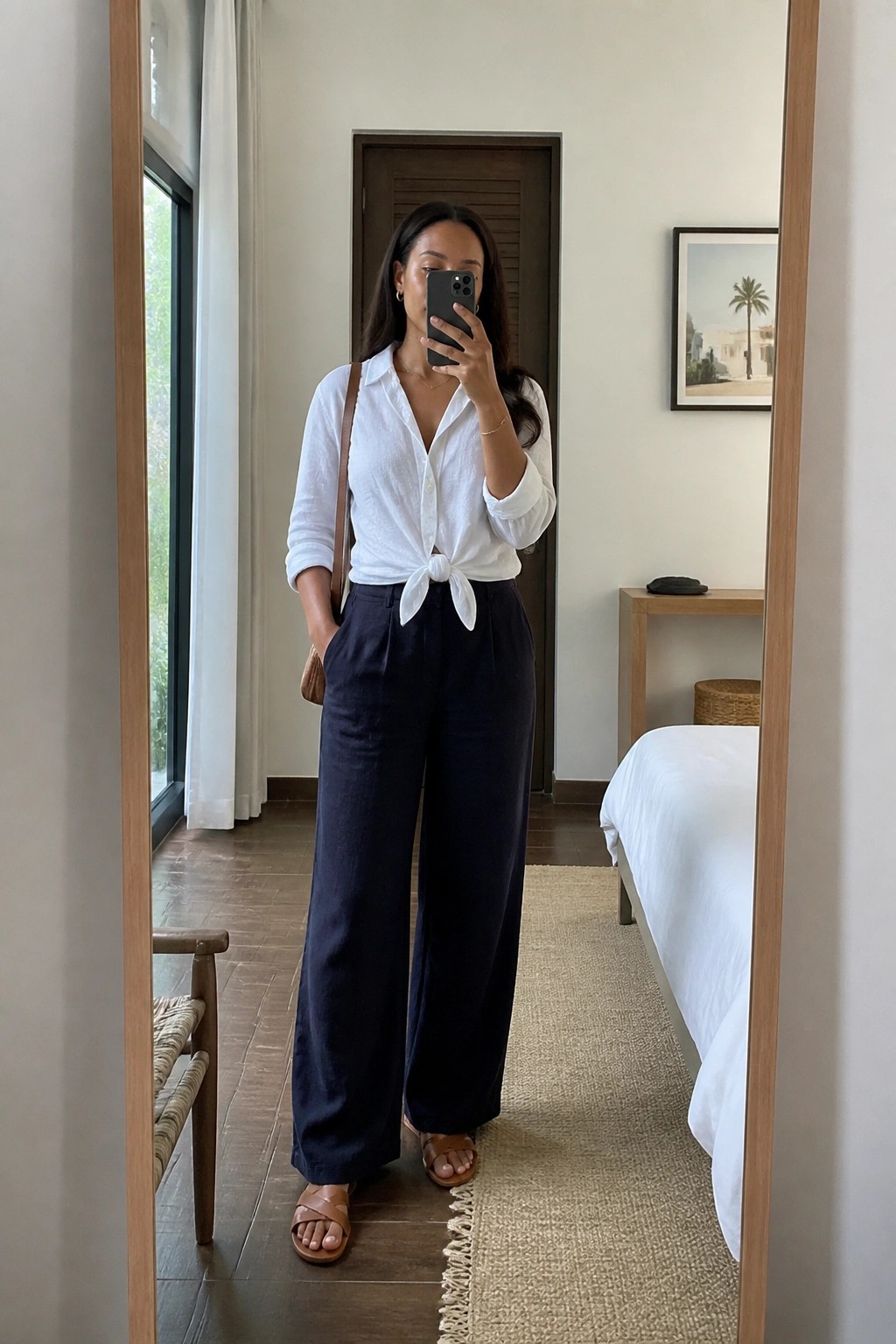 Woman in a white button-down shirt tied at the waist, navy wide-leg pants, brown sandals, and a brown crossbody bag, posing in a mirror selfie.