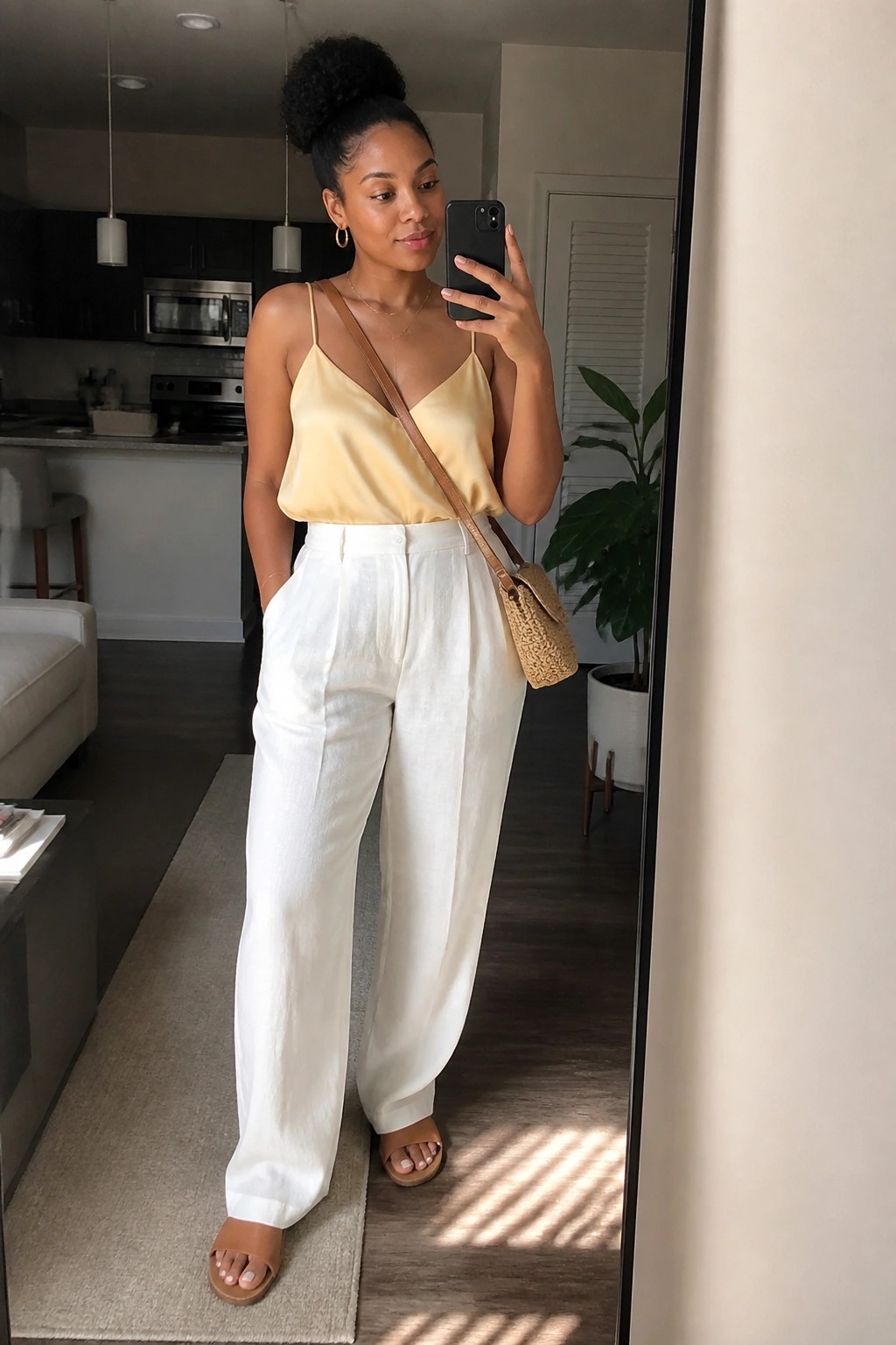 Woman in yellow satin camisole and white wide-leg pants taking mirror selfie indoors