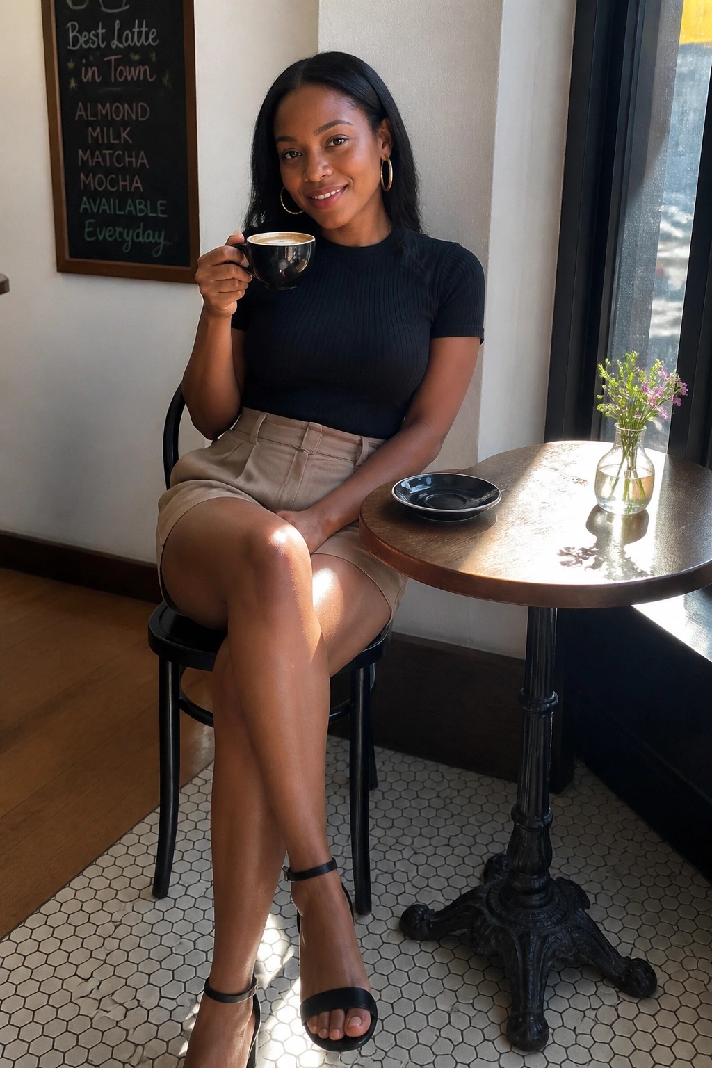 Woman in black top and beige shorts holding coffee at cafe table
