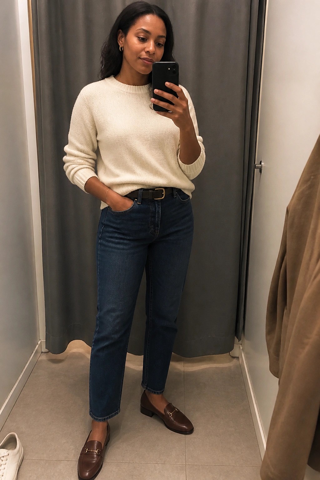 Woman in cream knit sweater, dark blue straight-leg jeans with brown belt, brown leather loafers with gold hardware, standing in a fitting room taking a mirror selfie.
