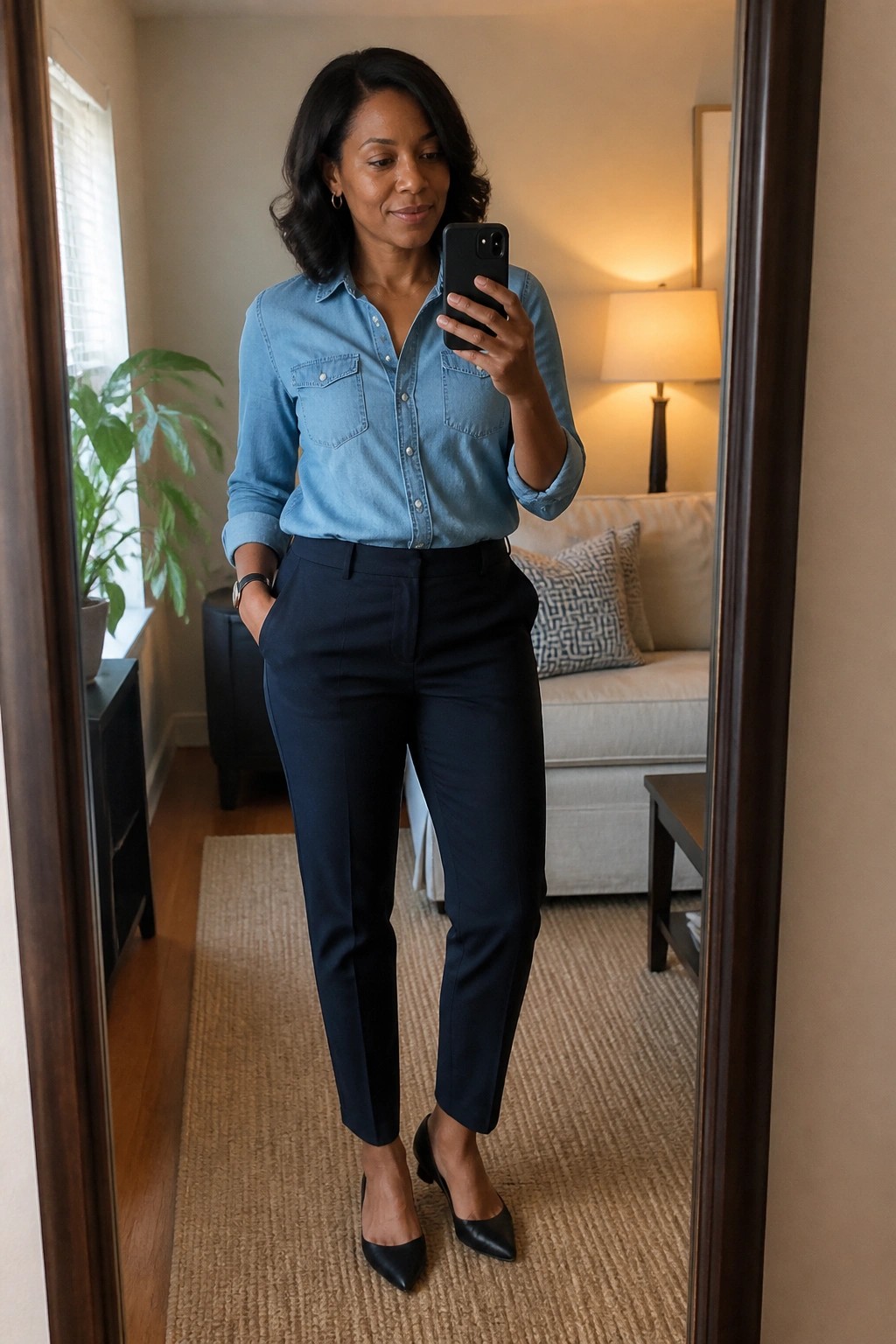 Woman in blue denim shirt and navy pants taking mirror selfie with phone