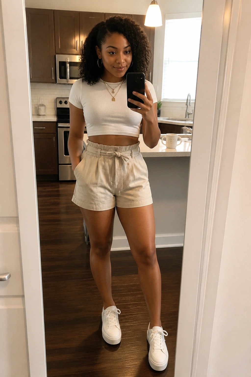 Woman in white crop top and beige shorts taking mirror selfie in kitchen