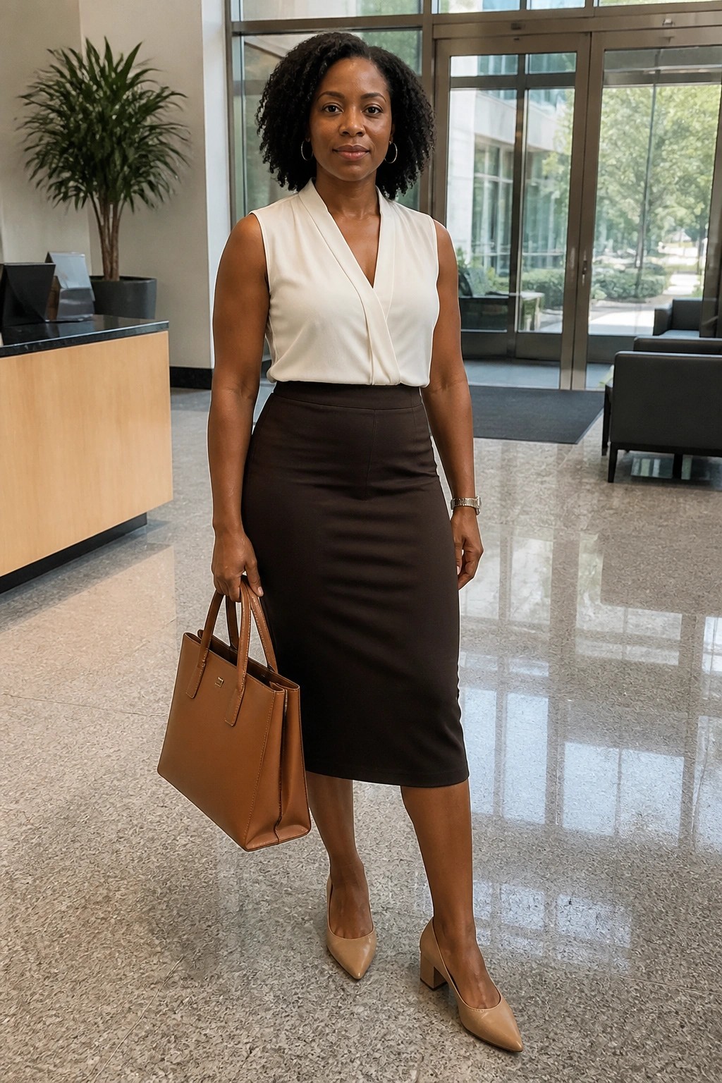 Woman in a cream sleeveless wrap blouse tucked into a brown midi pencil skirt, holding a brown leather tote, wearing beige block heel pumps and simple gold jewelry in a modern lobby setting.