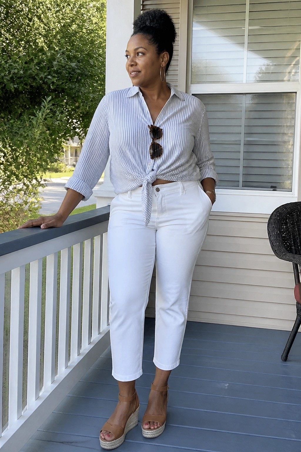 Woman in striped shirt tied at waist and white pants on porch railing