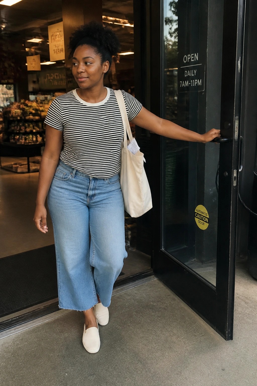 Woman in striped shirt and wide-leg jeans opening store door with tote bag