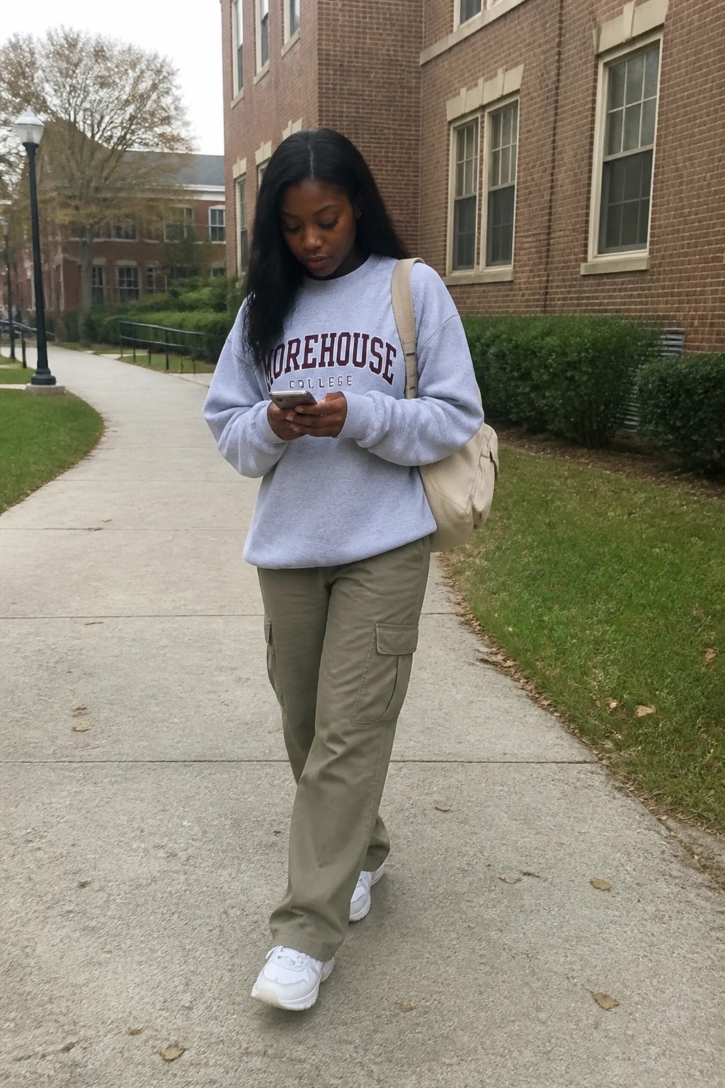 Woman in gray Morehouse College sweatshirt and khaki cargo pants checks phone on walkway