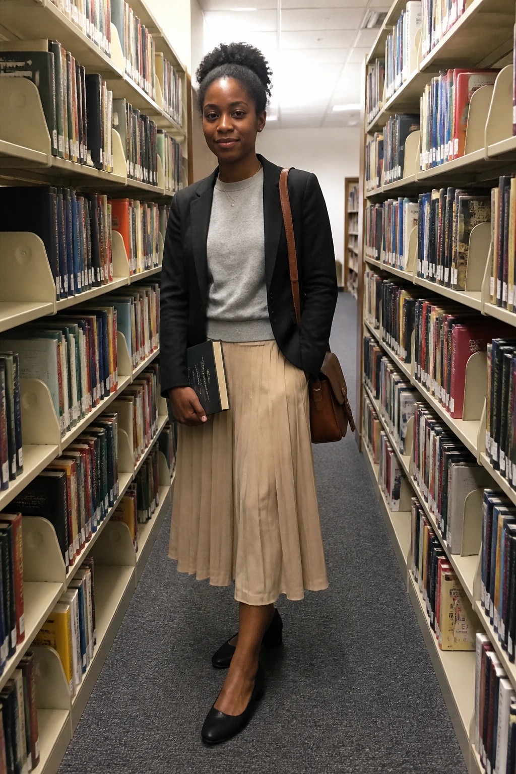 A Black woman in a library aisle wearing a black blazer over a gray sweater paired with a beige pleated midi skirt and black flats while holding a book and carrying a brown shoulder bag.