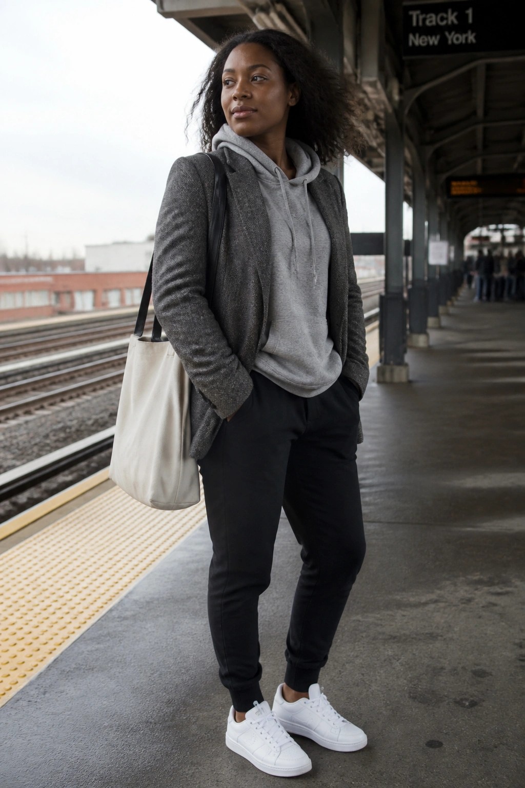 Woman in gray blazer and hoodie with tote bag on train platform