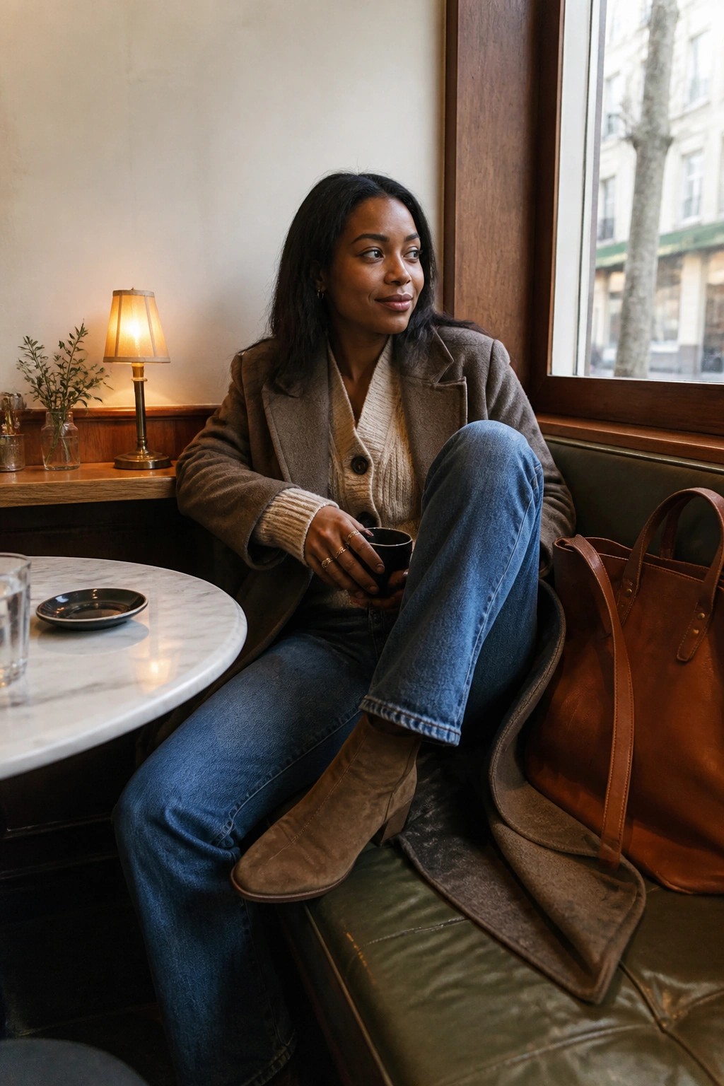 Woman in brown coat and jeans holding cup in cafe booth beside leather bag