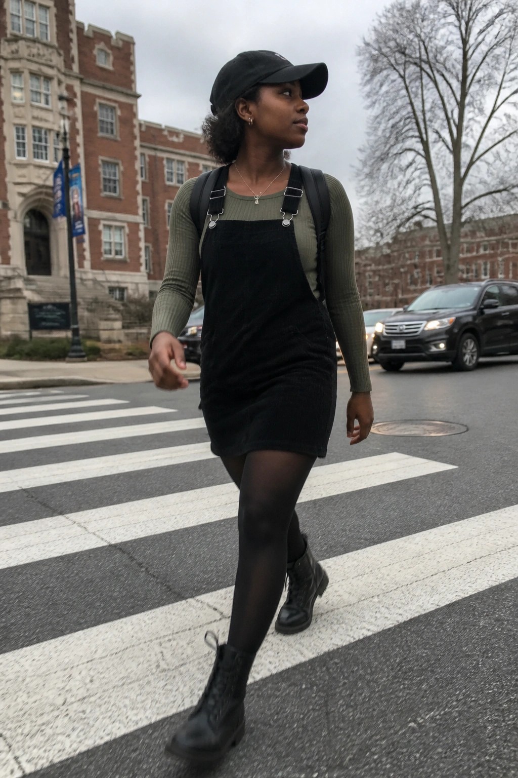 A Black woman wearing a black corduroy overall mini dress over an olive green ribbed long-sleeve top, paired with black tights, black combat boots, a black cap, and a backpack, walking on a crosswalk.
