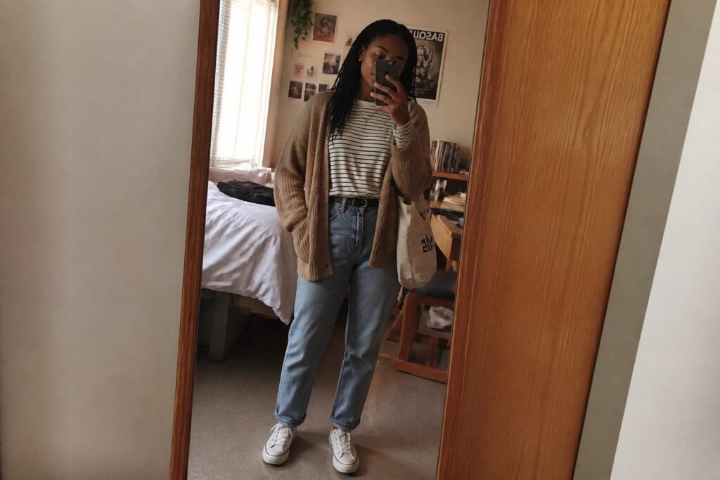 22 Fall School Outfits for Black Women Built for Comfortable Layering Woman in striped shirt and brown cardigan taking mirror selfie in jeans and white sneakers
