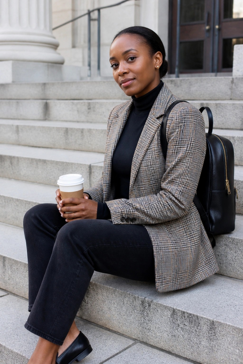 Woman in plaid blazer sits on stone steps holding coffee with backpack.
