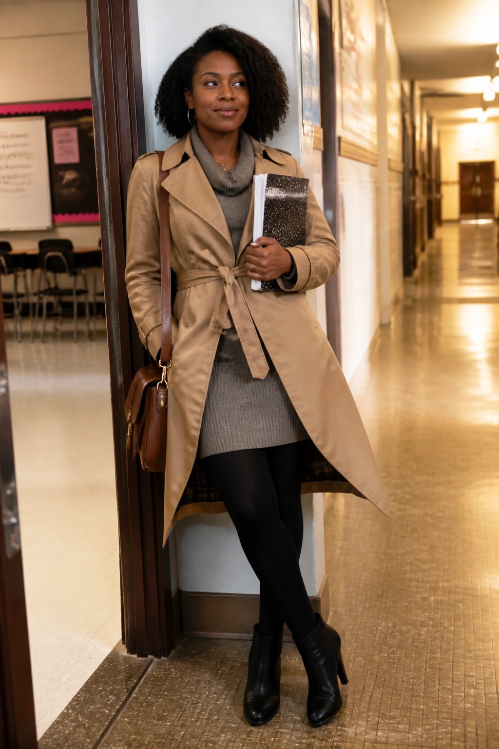 Woman in a tan belted trench coat over a gray cowl neck sweater dress with black tights and black ankle boots, carrying a brown bag and glitter notebook in a school hallway.