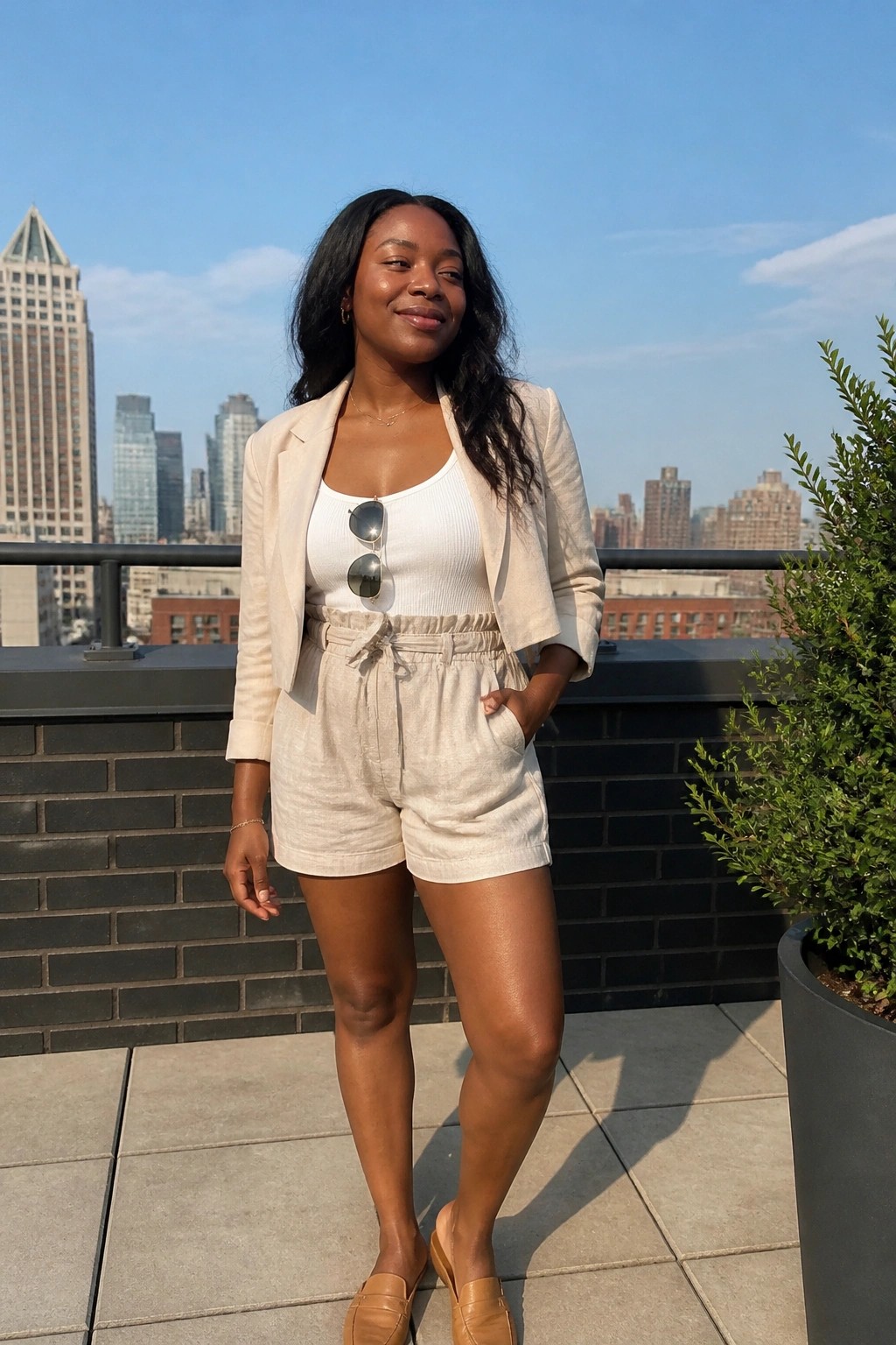 Woman wearing a beige linen cropped blazer over a white ribbed tank top with matching beige linen drawstring shorts and tan loafers, sunglasses hooked into the neckline.