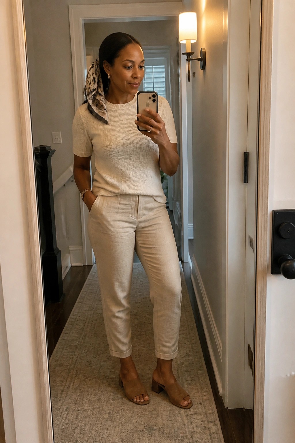 Woman in cream sweater and beige pants taking mirror selfie in hallway
