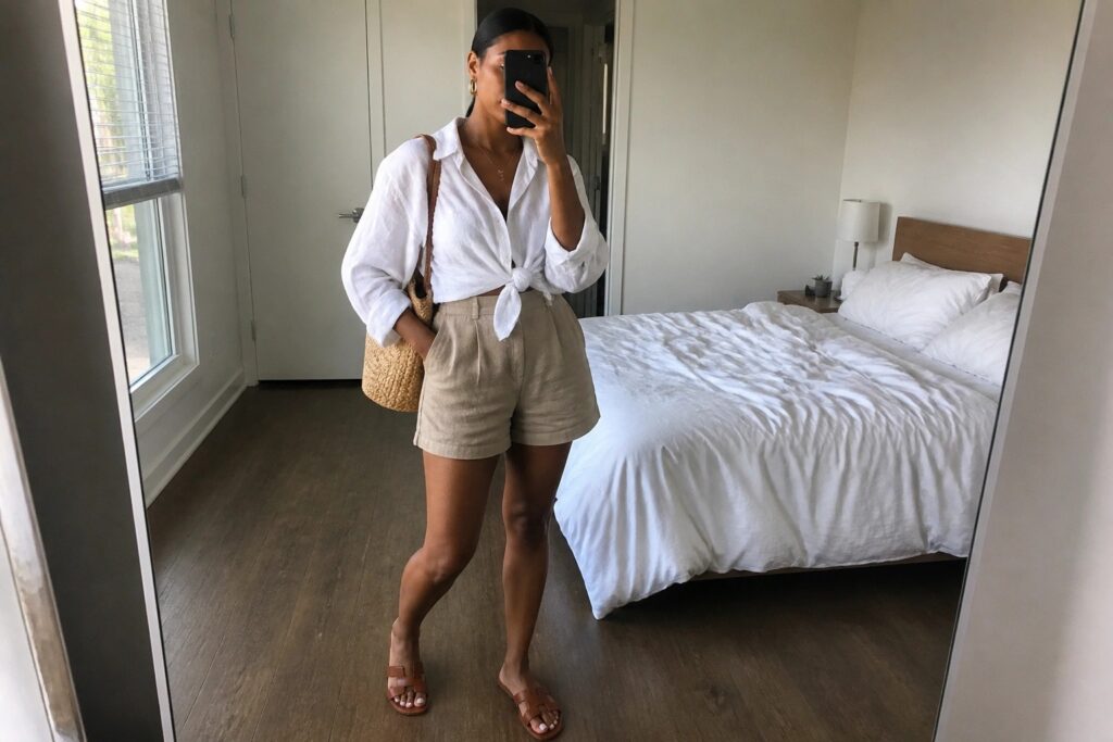 22 Lightweight Miami Heat Outfits for Black Women That Beat the Humidity Woman in white tied shirt and beige shorts taking mirror selfie in bedroom
