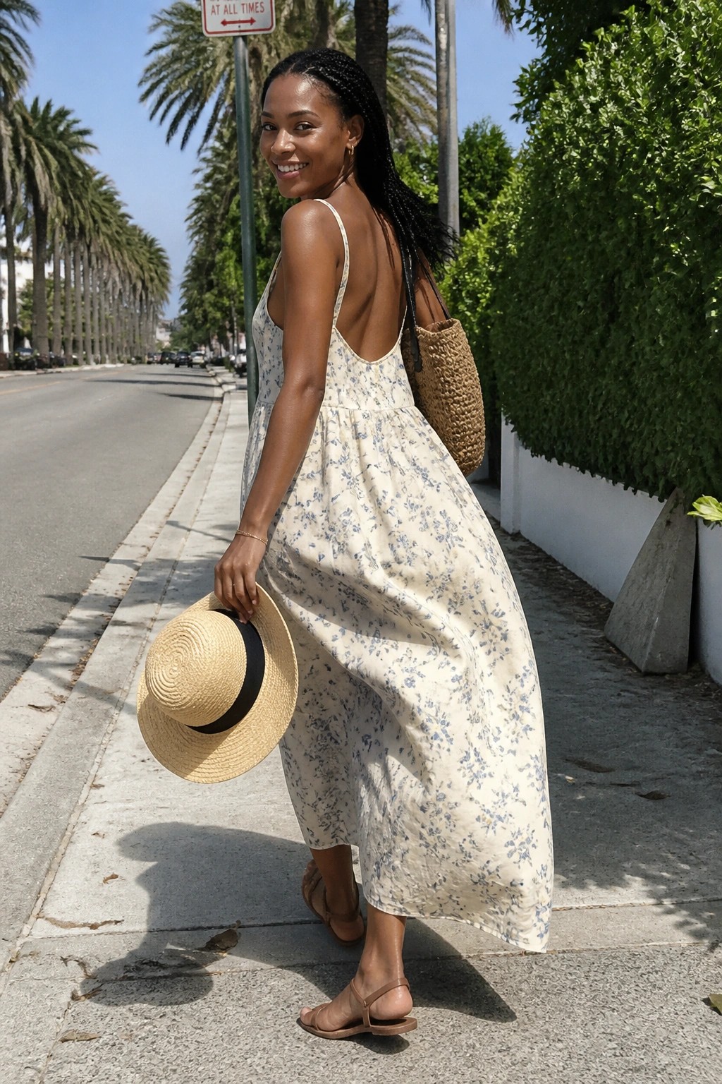 A woman wearing a cream floral print midi dress with open back, holding a straw hat and carrying a woven bag, standing on a sidewalk.