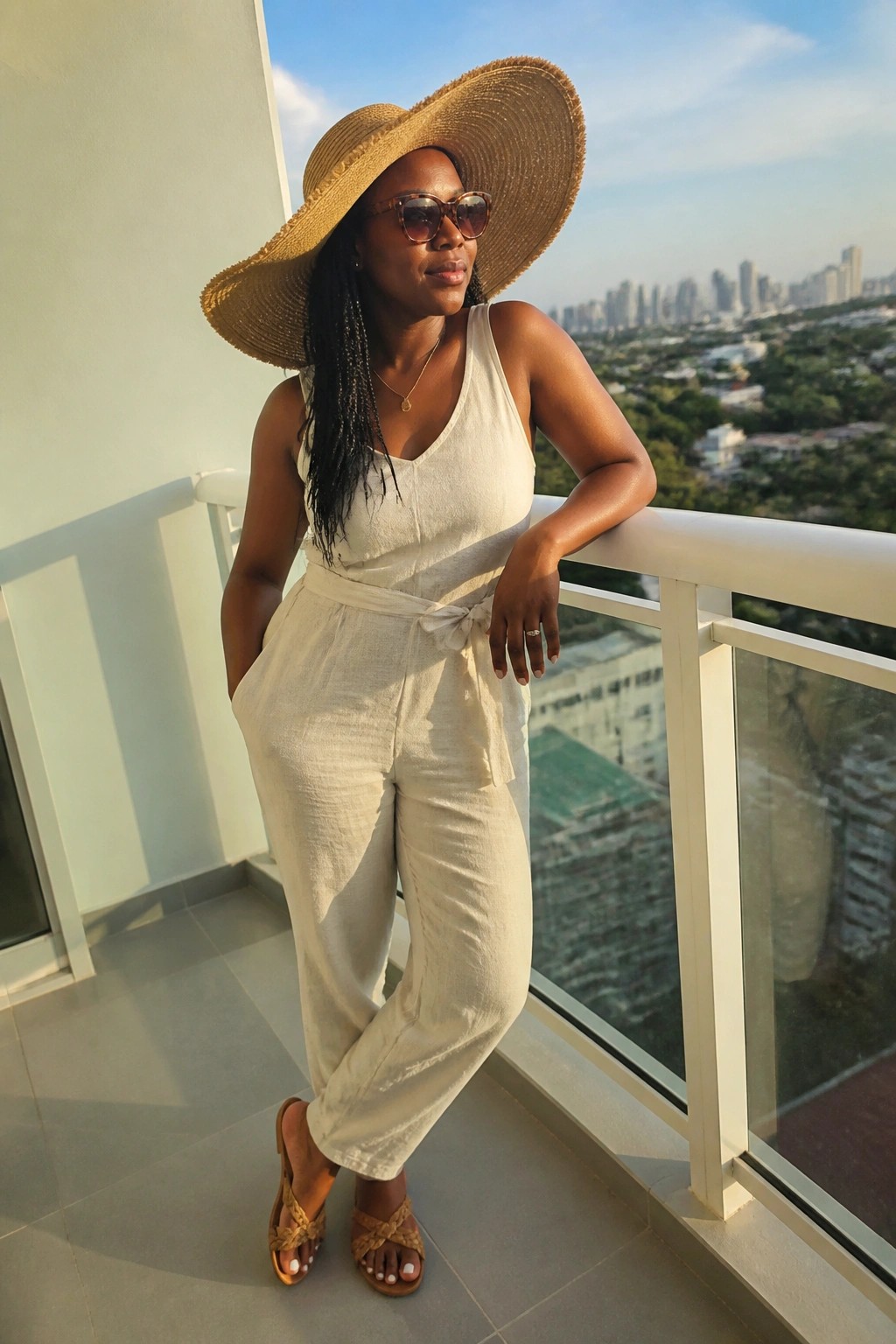 Woman in cream jumpsuit and wide straw hat on sunny city balcony.