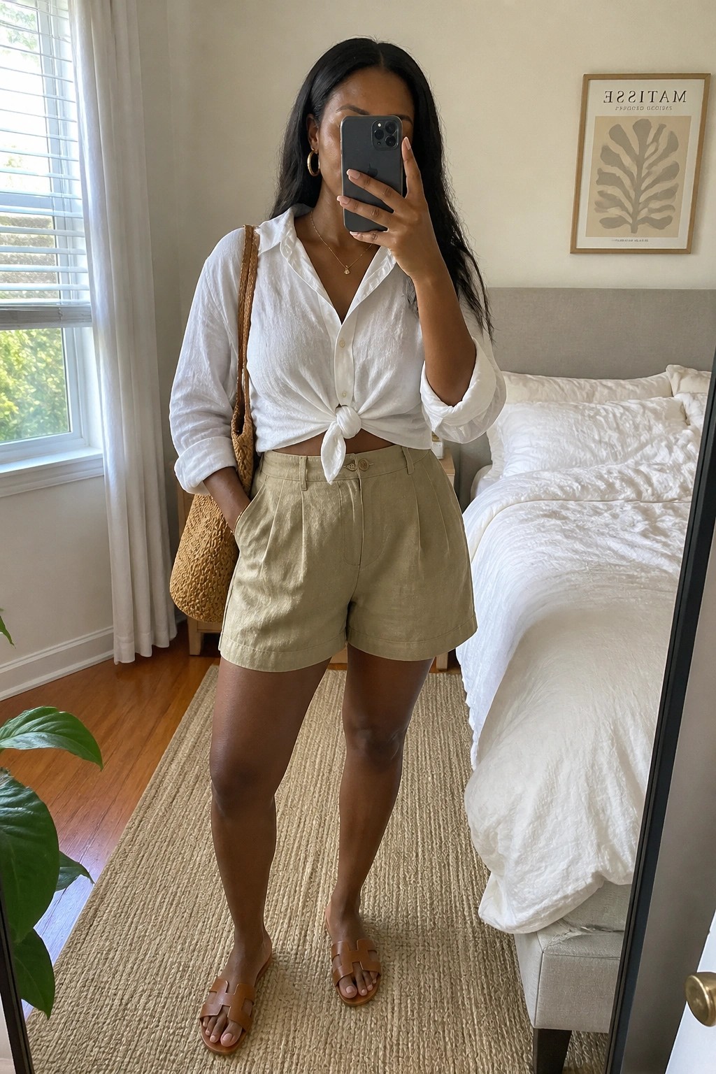 Woman in white tied shirt and beige shorts taking mirror selfie in bedroom