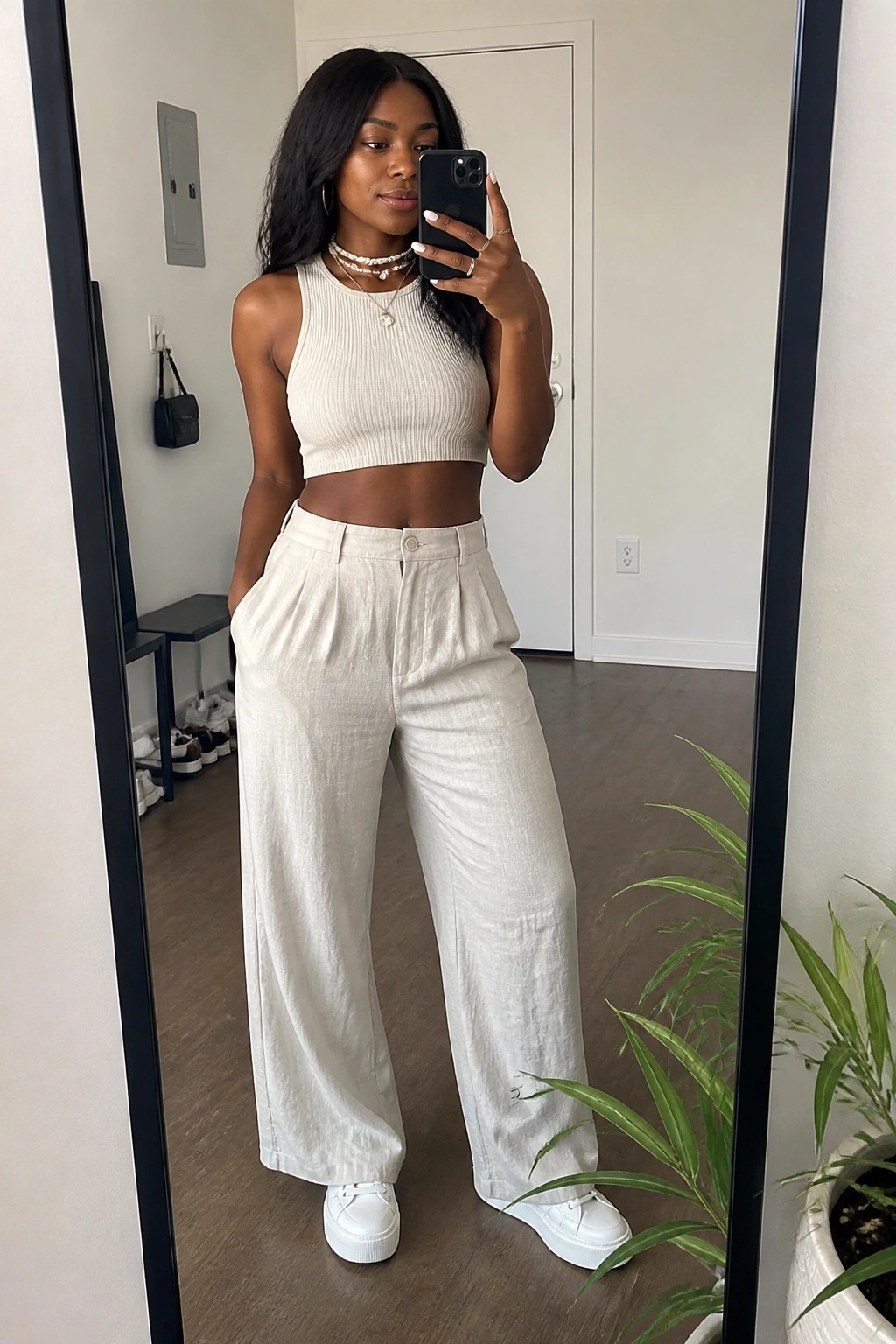 Woman in white crop top and wide-leg pants taking mirror selfie with phone