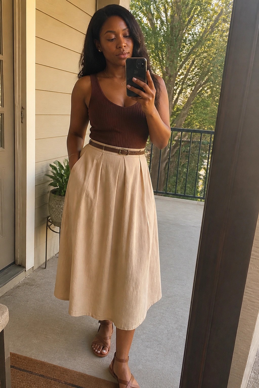 Woman in brown tank top and beige pleated skirt taking phone selfie on porch