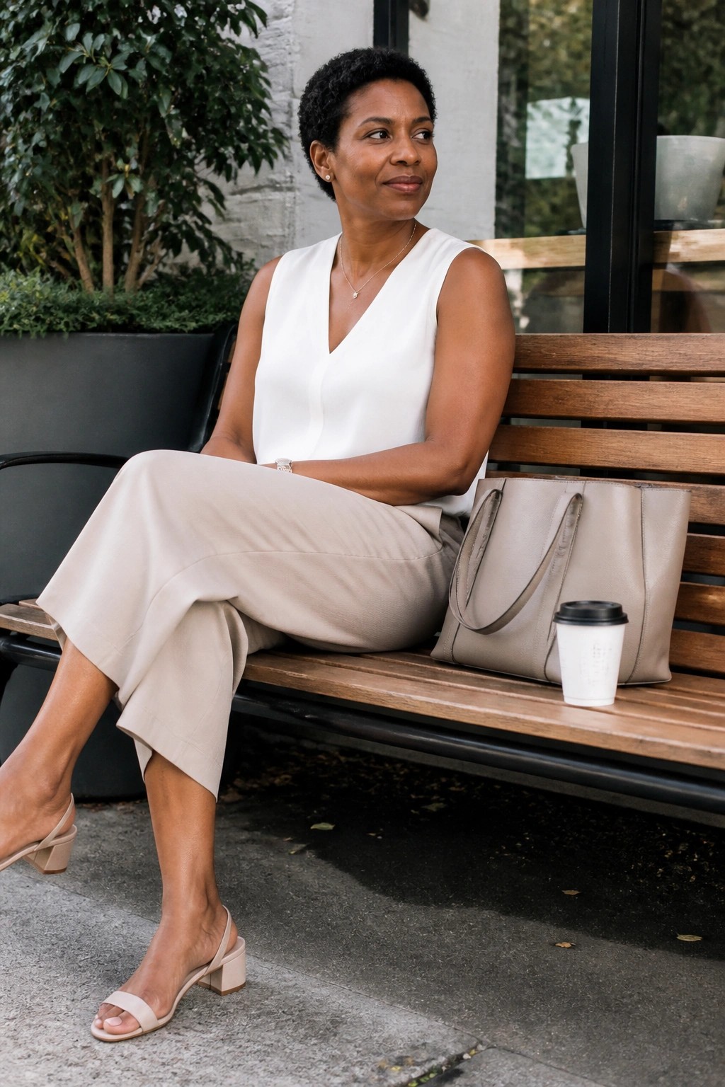 Woman in white top and beige pants on bench with tote bag and coffee cup