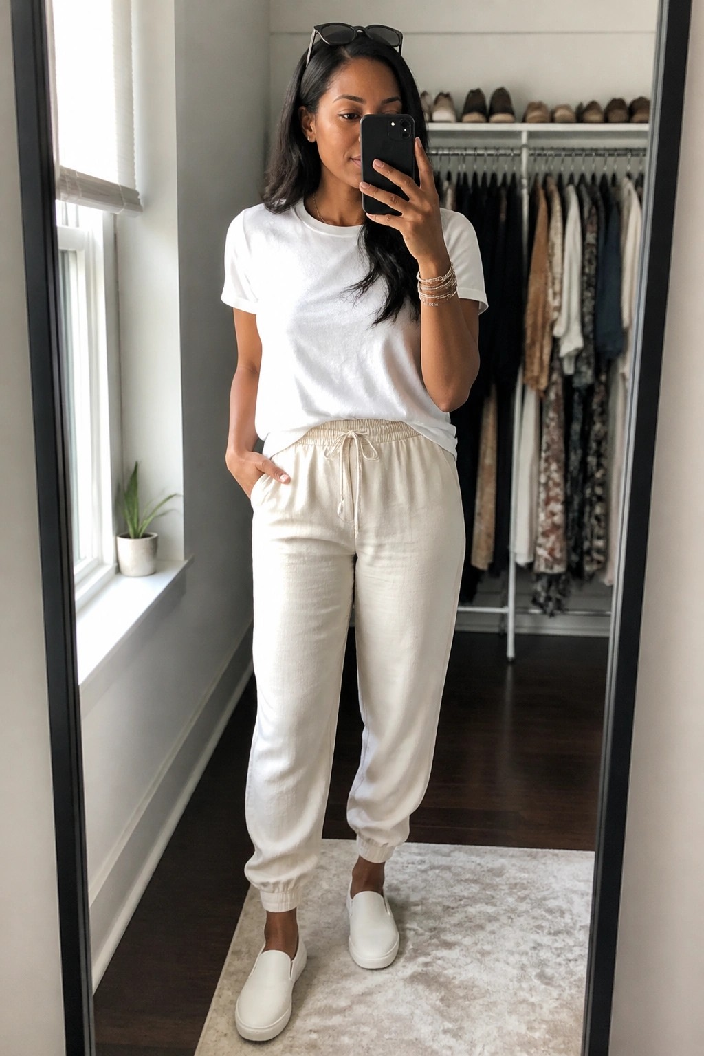 Woman in white t-shirt and joggers taking mirror selfie in walk-in closet