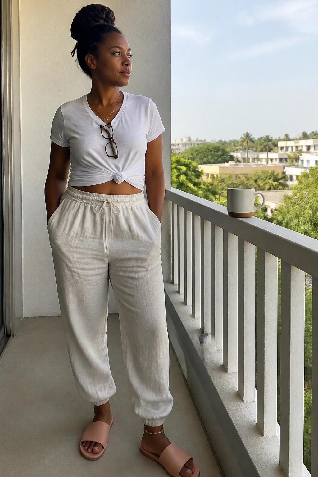 Woman in white knotted tee and linen pants on balcony with mug nearby.