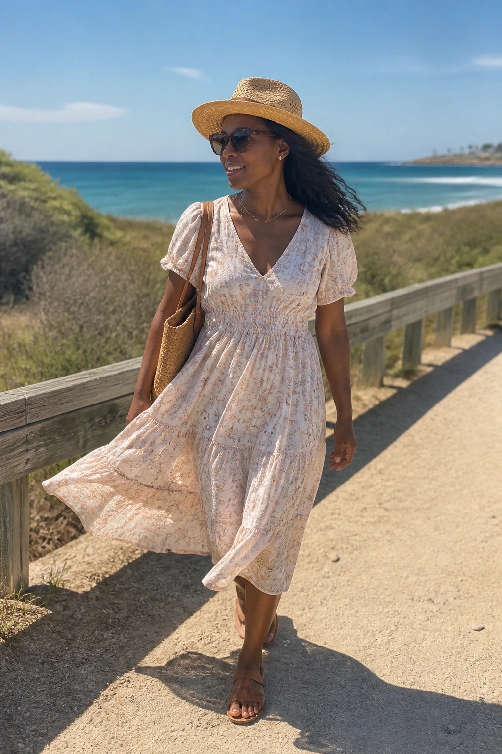 Woman in floral sundress and straw hat walking coastal path by ocean.