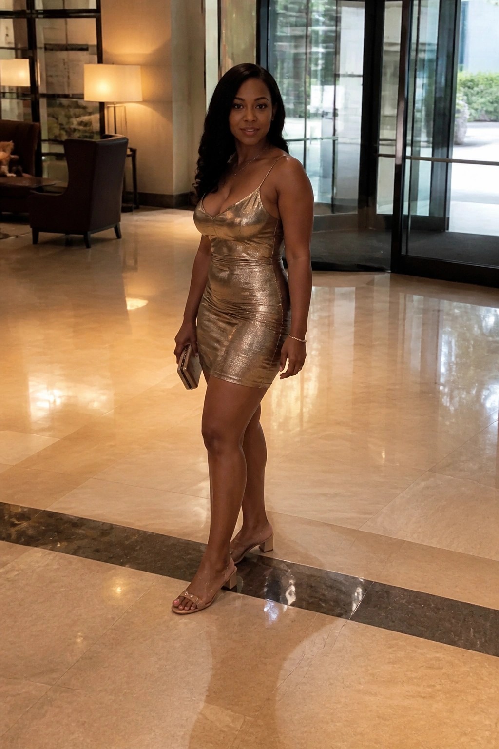 Woman in metallic gold mini dress standing on polished marble lobby floor