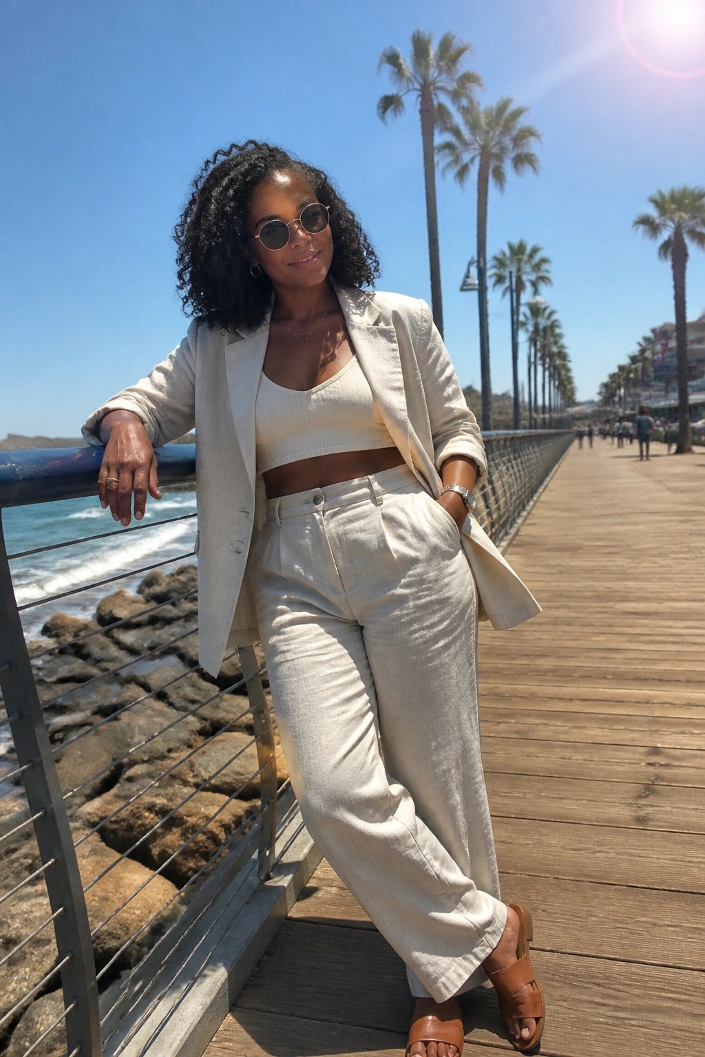 Woman in white linen suit posing on sunny boardwalk by ocean with palm trees