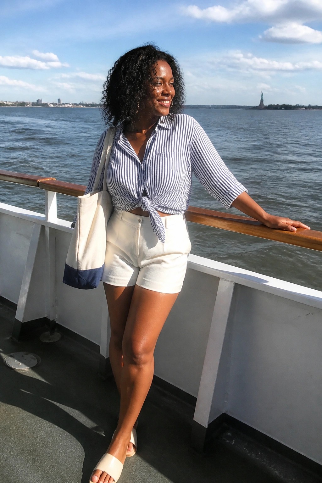 Woman in striped knotted shirt and white shorts on ferry near Statue of Liberty