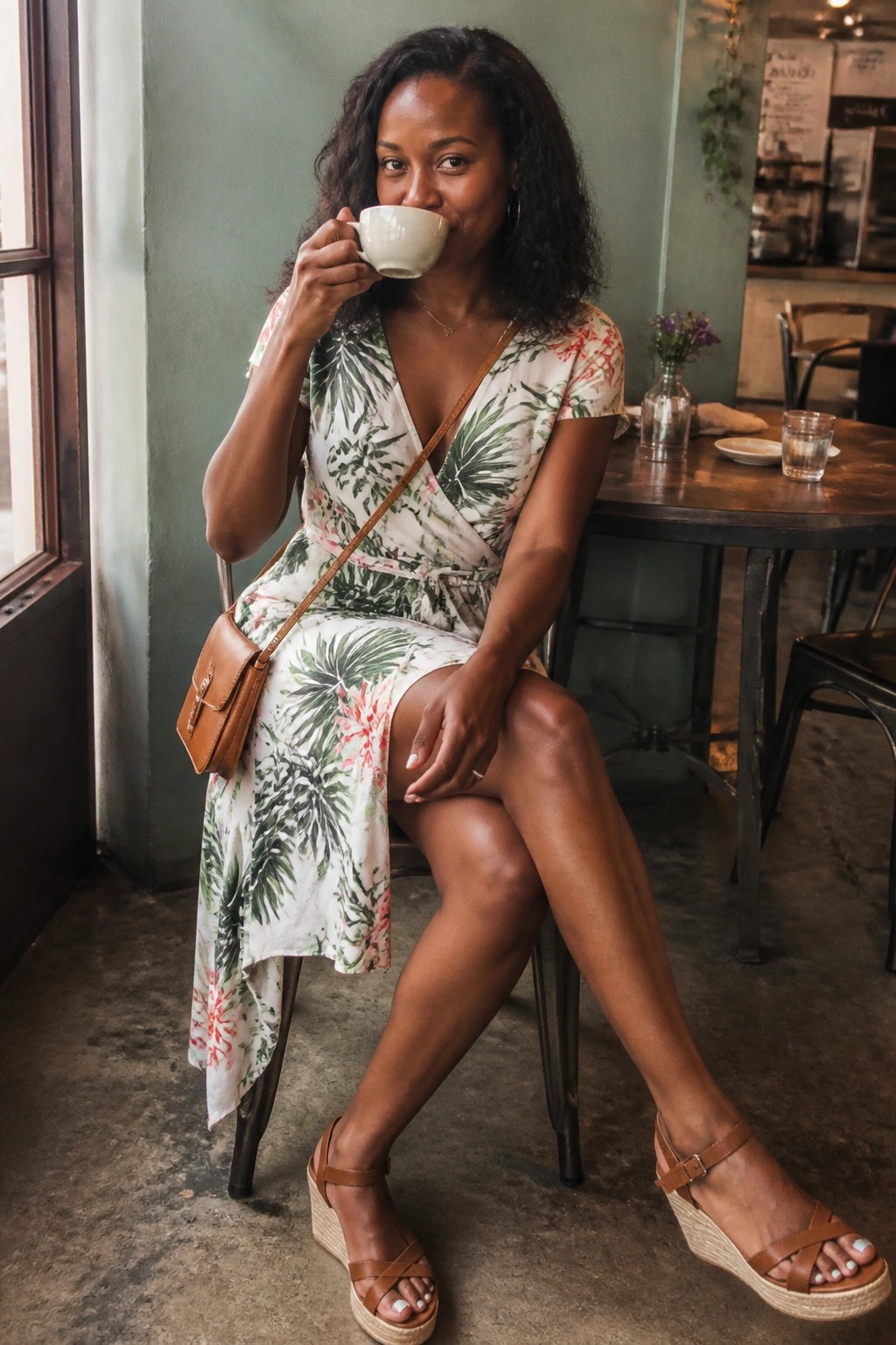 Woman in floral wrap dress sips from white cup at wooden cafe table with brown purse