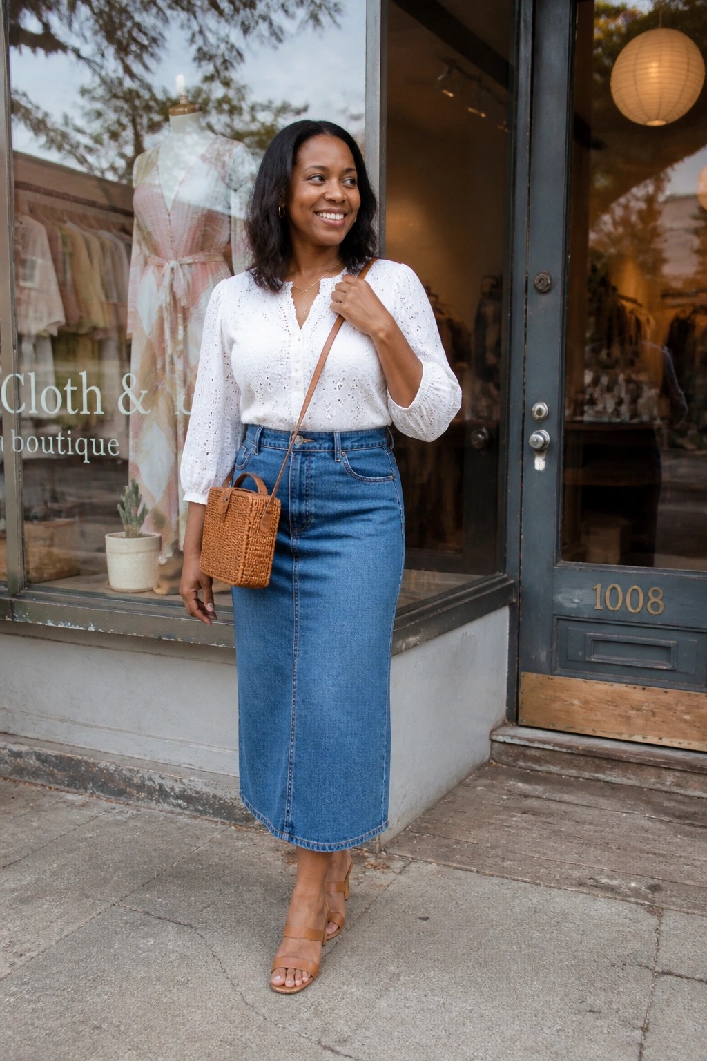 Woman wearing a white eyelet lace blouse tucked into a blue denim midi skirt paired with brown leather sandals and a matching woven crossbody bag.