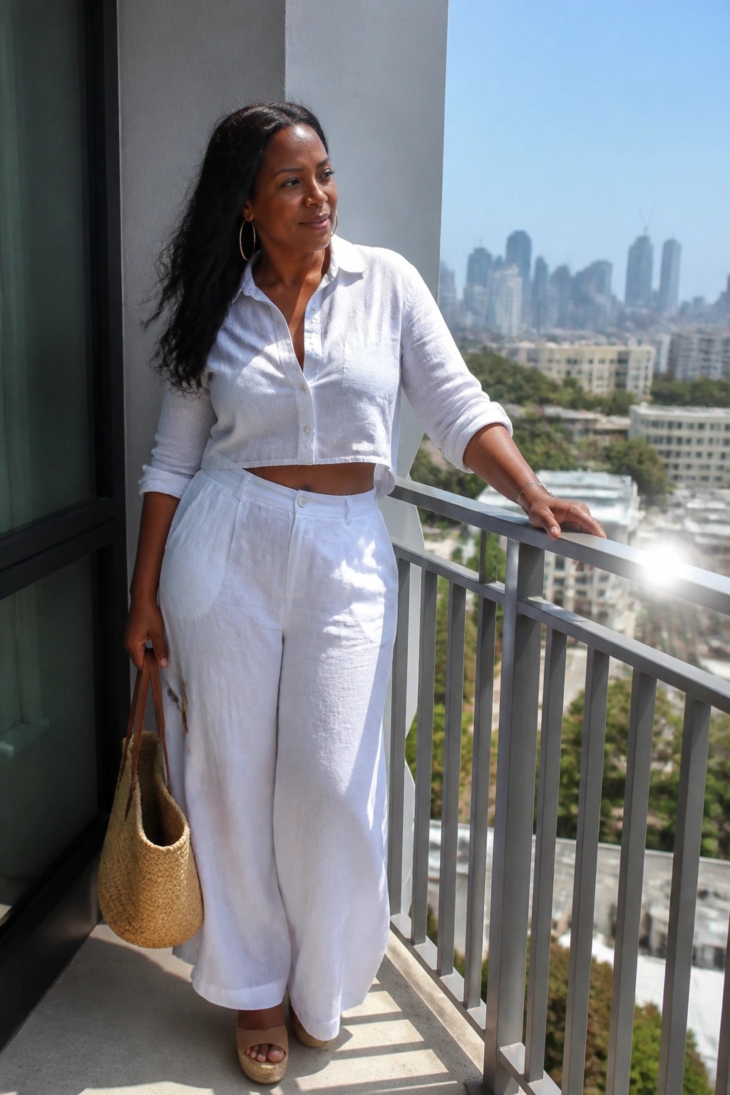 Woman in white linen crop top and wide pants on sunny city balcony holding straw bag
