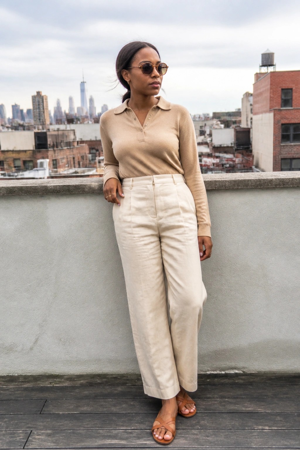 Woman in beige polo sweater and cream pants on rooftop overlooking city skyline.