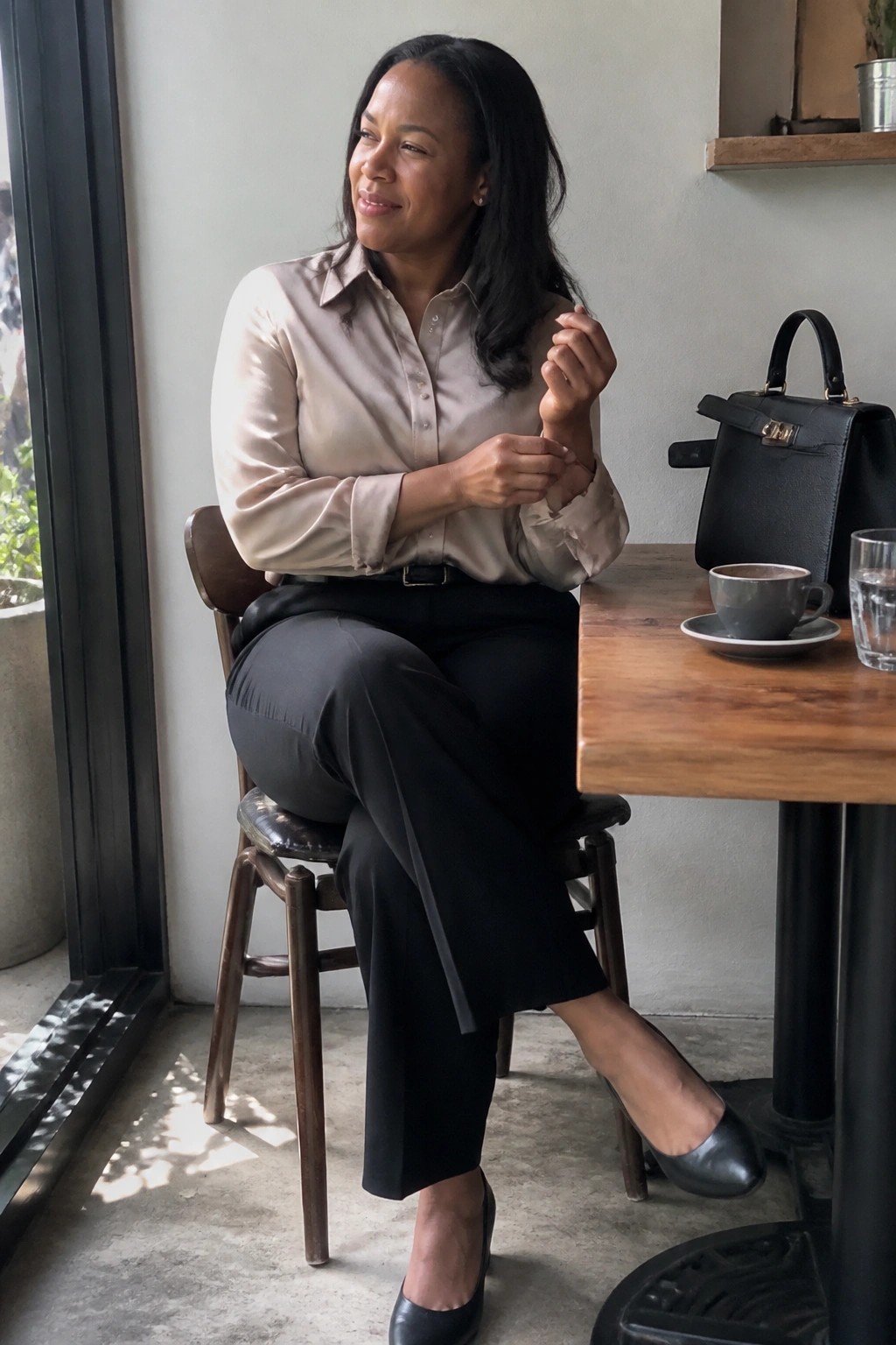 Woman in a beige silk button down shirt tucked into black wide leg trousers with a thin black belt and pointed black flats, sitting at a wooden table with coffee and a black handbag nearby.
