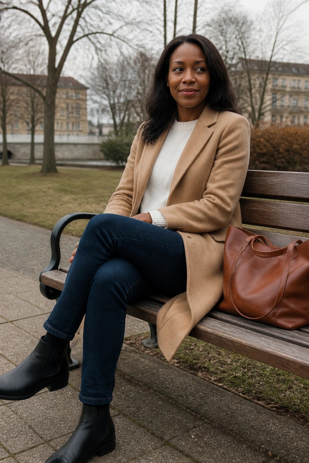Woman in camel coat and blue jeans on park bench beside brown leather bag
