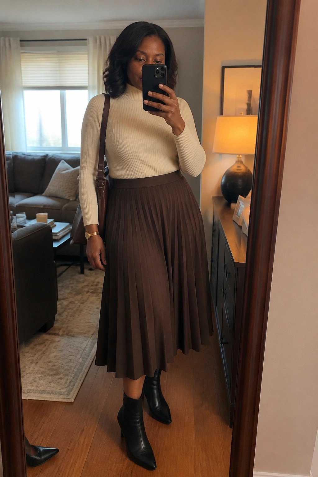 A Black woman in a cream ribbed turtleneck sweater tucked into a brown pleated midi skirt, paired with black pointed ankle boots and a brown leather shoulder bag, standing in a living room mirror selfie.